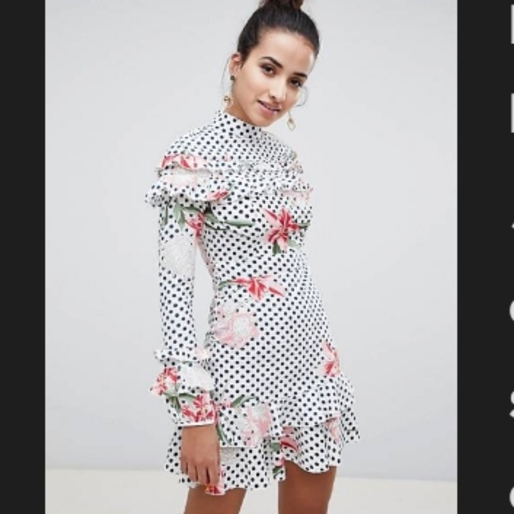 Boohoo Floral And Polka Dot High Neck Dress